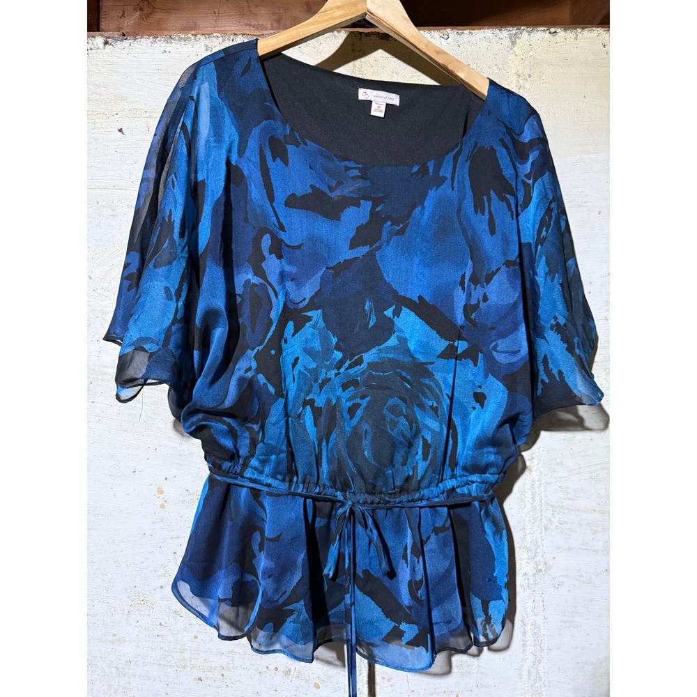 Cato Womens Blue Floral Print Peplum Blouse Cinched Waist Flutter Sleeve Size 16